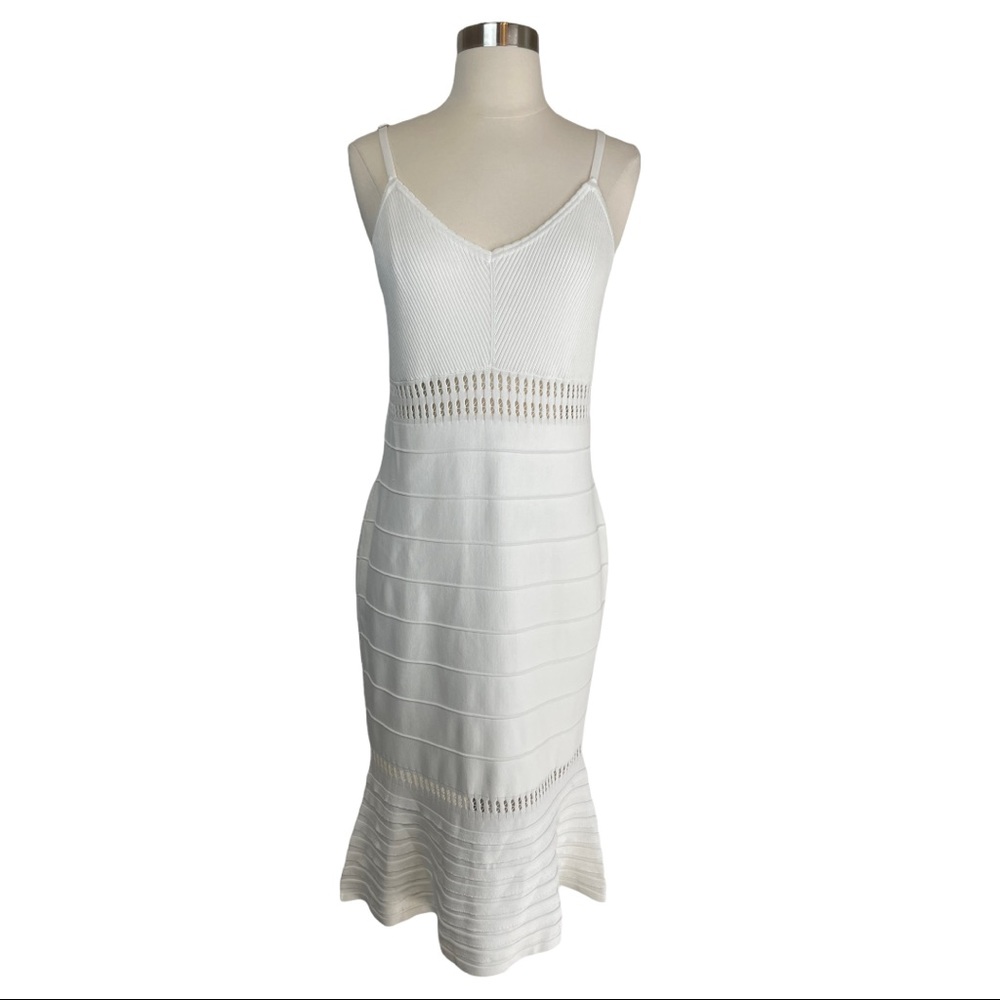 White Knit Midi Dress with V-Neck
